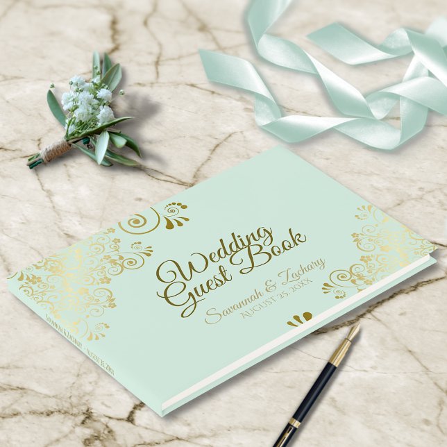 Gold Frills on Neo Mint Green Elegant Wedding Guest Book (Creator Uploaded)