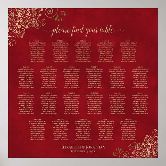 Gold Frills on Red 22 Table Wedding Seating Chart (Front)