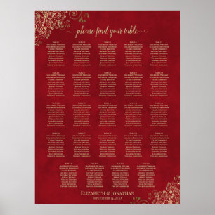 Gold Frills on Red 24 Table Wedding Seating Chart