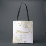 Gold Frills on White Elegant Bridesmaid Wedding Tote Bag<br><div class="desc">These Bridesmaid tote bags are designed as favours or gifts for wedding bridesmaids. Great swag bag to fill with favours and gifts. Coordinates with our Gold Foil Elegant Wedding Suite and is fully customizable. Simple design includes gold script text with a floral border over a white background. All text is...</div>