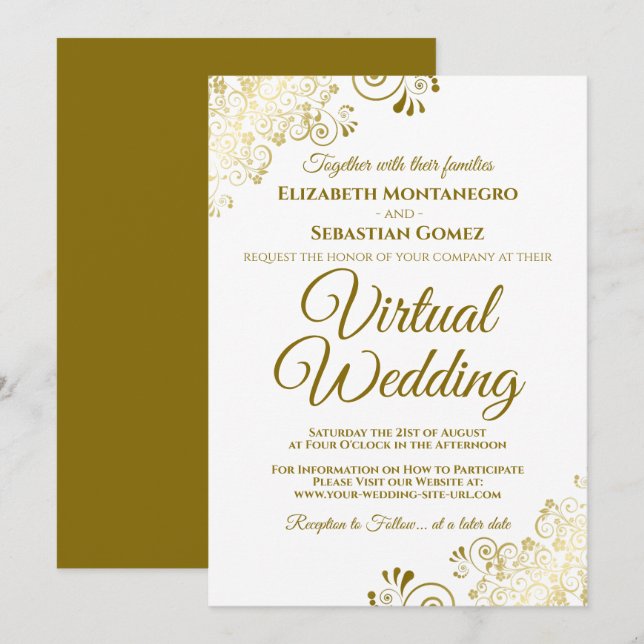 Gold Frills on White Elegant Virtual Wedding Invitation (Front/Back)