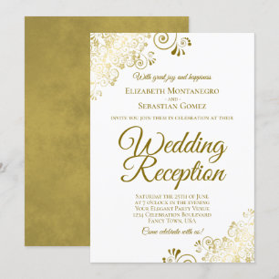 Gold Frills on White Elegant Wedding Reception Invitation