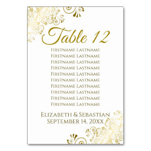 Gold Frills on White Elegant Wedding Seating Chart Table Number
