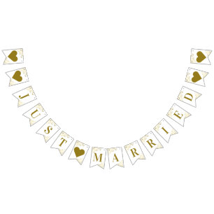 Gold Frills on White Just Married Newlyweds Bunting Flags