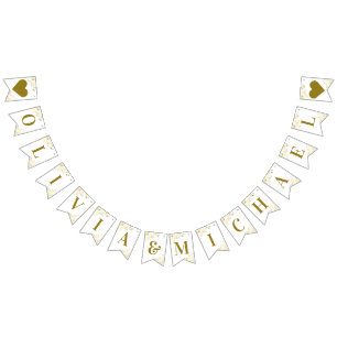 Gold Frills on White Wedding Couple Names Elegant Bunting Flags