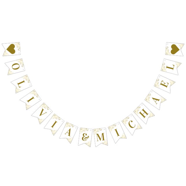 Gold Frills on White Wedding Couple Names Elegant Bunting Flags (All)