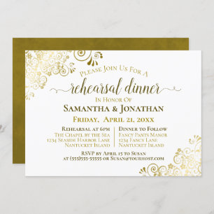 Gold Frills on White Wedding Rehearsal & Dinner Invitation