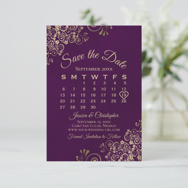 Gold Frills Plum Purple Elegant Wedding Calendar Save The Date (Standing Front)