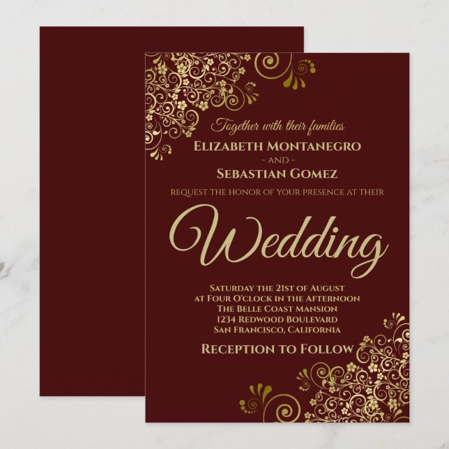 Gold Frills Simple Auburn Brown Wedding Invitation (Front/Back)