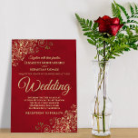 Gold Frills Simple Chic Elegant Red Wedding Invitation<br><div class="desc">This simple yet elegant wedding invitation features gold script lettering on a marbled red background. The design is understated, but the corners feature an ornate gold faux foil floral filigree with curls and frills. The text is formal and traditional but the chic design makes this invitation appropriate for any wedding....</div>