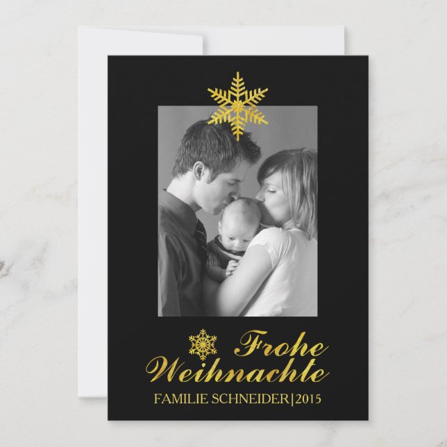 Gold Frohe Weihnachten & snowflake black Christmas Holiday Card (Front)