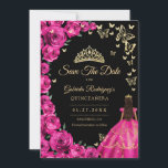 Gold Fuchsia Pink Roses Butterflies Quinceanera Save The Date<br><div class="desc">Black fuchsia pink gold Quinceanera celebration save the date card. Features brunette girl in ball gown dress,  script font,  gold butterflies,  hot pink roses and tiara. Perfect for an elegant princess style glam celebration. Personalize with your own details. Printed Zazzle cards or instant download digital printable template.</div>