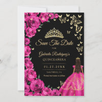 Gold Fuchsia Pink Roses Butterflies Quinceanera