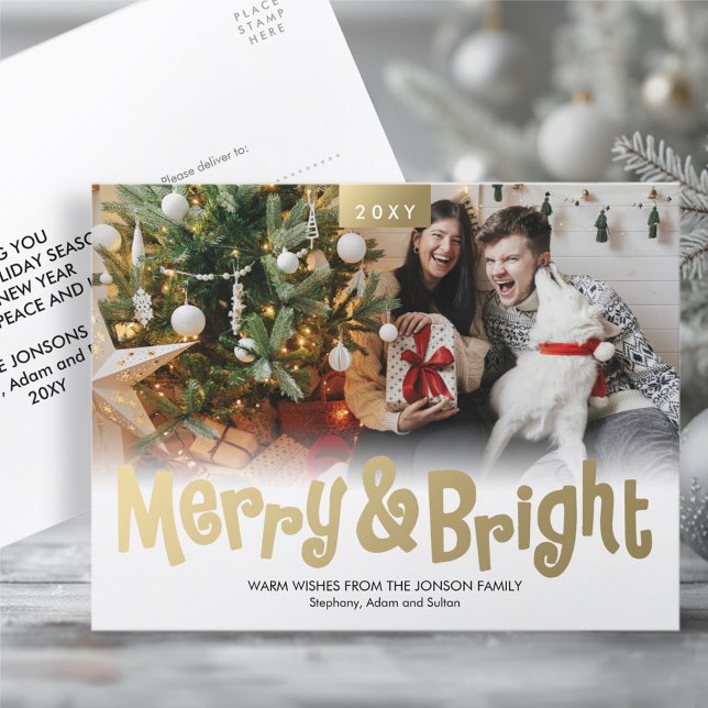 Gold Fun Merry Bright Photo Modern Postcard (Creator Uploaded)