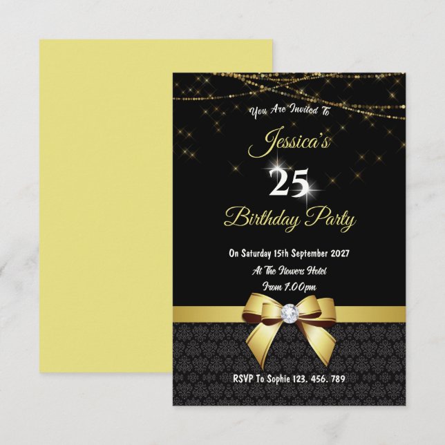 Gold Gem Bow & Lights Birthday Invitation (Front/Back)