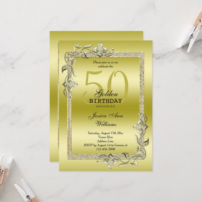 Gold Gem & Glitter 50th Golden Birthday Party Invitation (Front/Back In Situ)