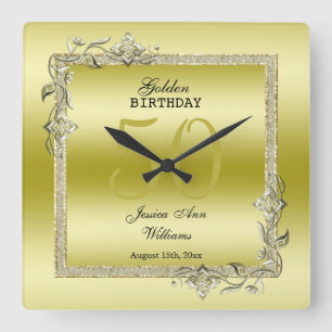 Gold Gem & Glitter 50th Golden Birthday Square Wall Clock