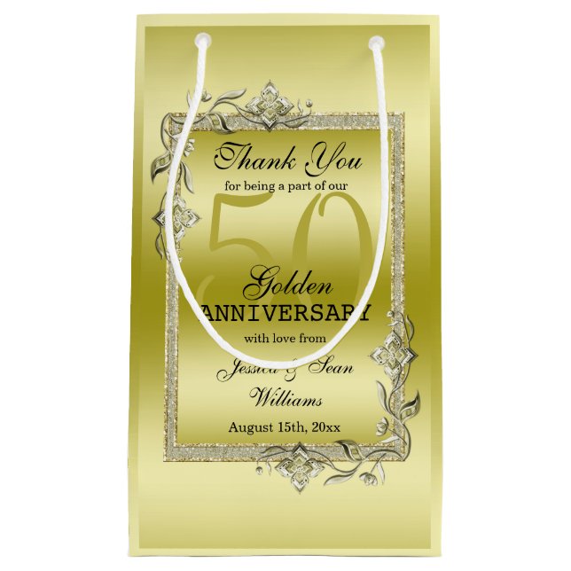Gold Gem & Glitter 50th Golden Wedding Anniversary Small Gift Bag (Front)