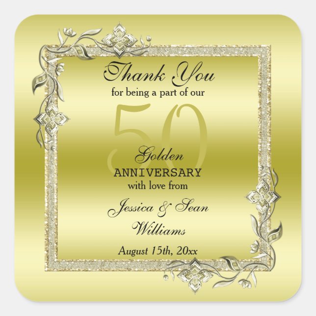 Gold Gem & Glitter 50th Golden Wedding Anniversary Square Sticker (Front)