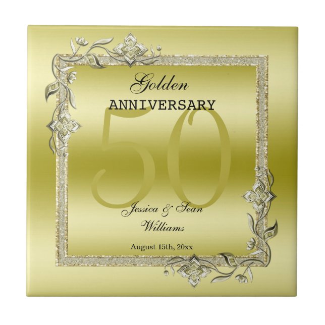 Gold Gem & Glitter 50th Golden Wedding Anniversary Tile (Front)