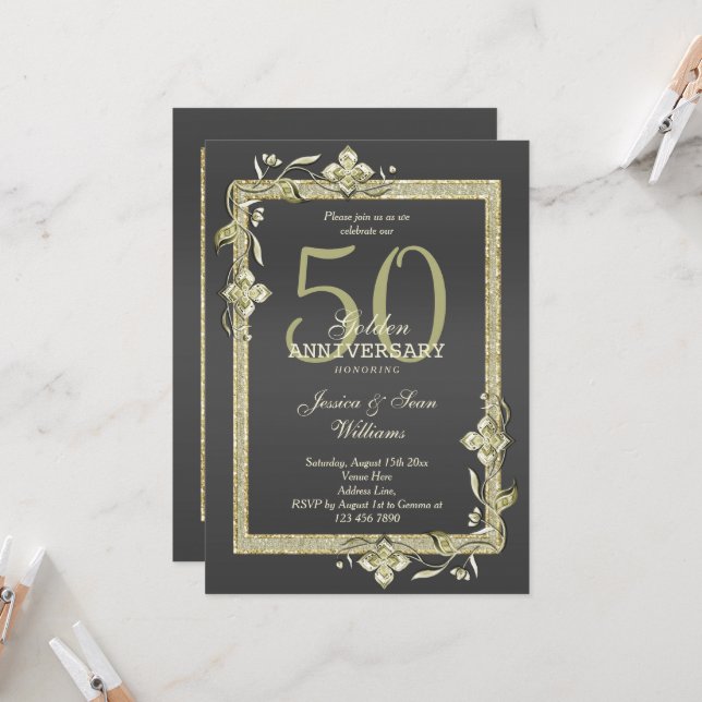 Gold Gem & Glitter 50th Golden Wedding Invitation (Front/Back In Situ)