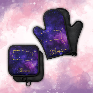 Gold Gemini Constellation on Dark Galaxy Oven Mitt & Pot Holder Set