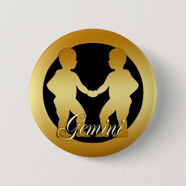 GOLD GEMINI ZODIAC SIGN 2 INCH ROUND BUTTON (Front)