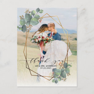 Gold Geo Frame Eucalyptus Photo Wedding Thank You Postcard
