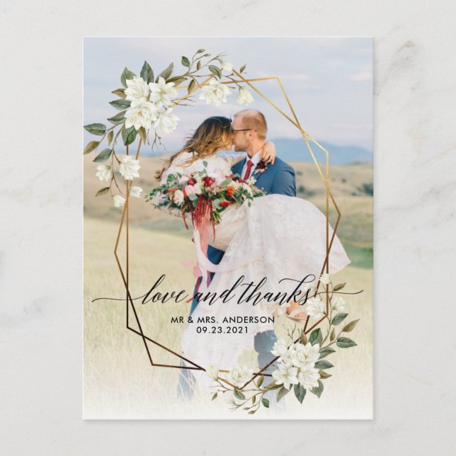 Gold Geo Frame Magnolia  Photo Wedding Thank You Postcard (Front)