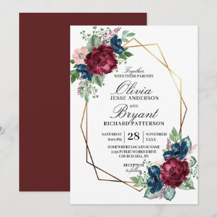 Gold Geo Navy Burgundy Floral Wedding Invitation