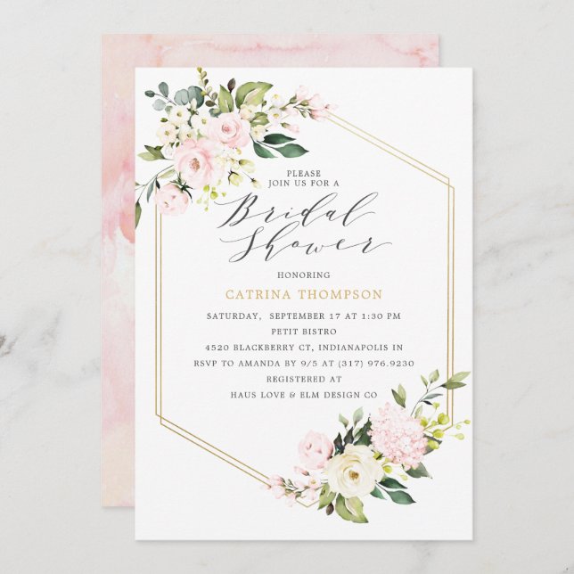 Gold Geometric Blush Floral Bridal Shower Invitation (Front/Back)