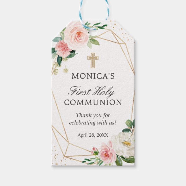 Gold Geometric Blush Floral First Holy Communion Gift Tags (Front)