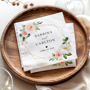 Gold Geometric Blush Pink Floral Wedding Napkin