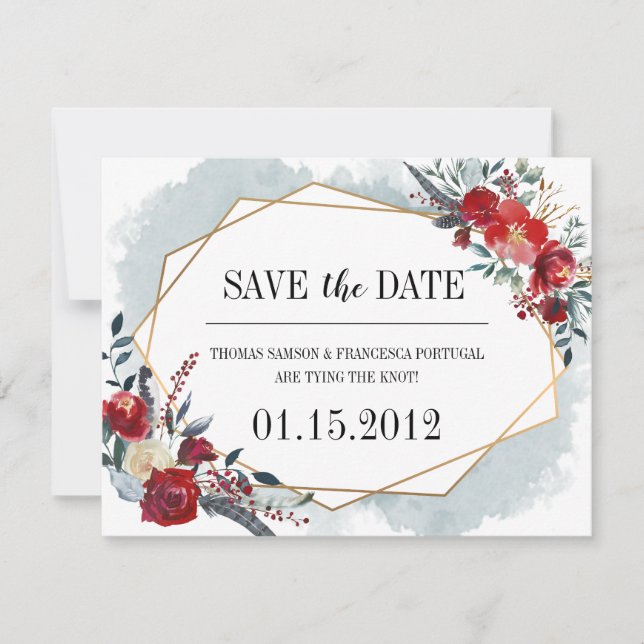 Gold Geometric Boho Floral Wedding Save the Date (Front)