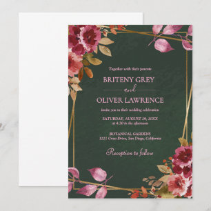 Gold Geometric Burgundy and Green Floral Wedding Invitation
