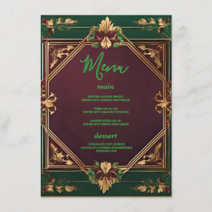 Gold Geometric Burgundy and Green Floral Wedding Menu
