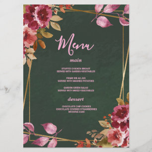 Gold Geometric Burgundy and Green Floral Wedding  Menu