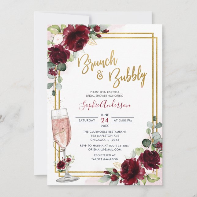 Gold Geometric Burgundy Floral Brunch And Bubbly Invitation (Front)