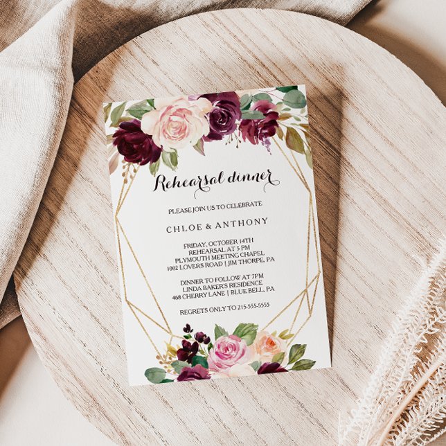 Gold Geometric Burgundy Floral Rehearsal Dinner Invitation (Creator Uploaded)
