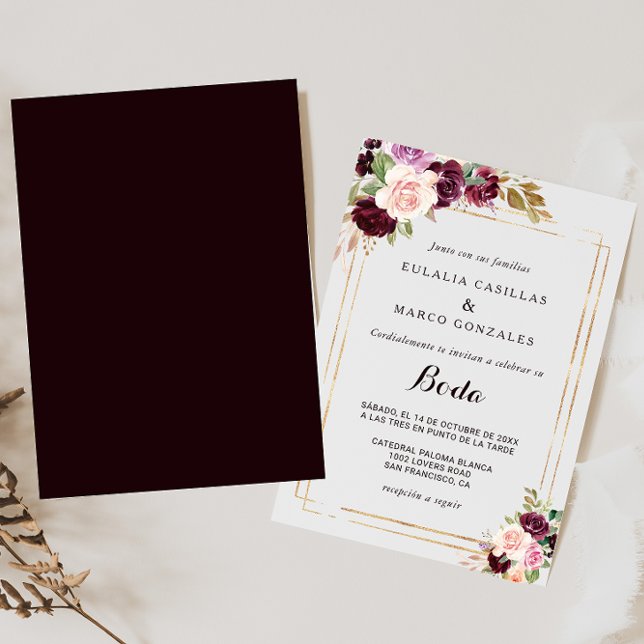 Gold Geometric Burgundy Floral Spanish Wedding Invitation (Creator Uploaded)