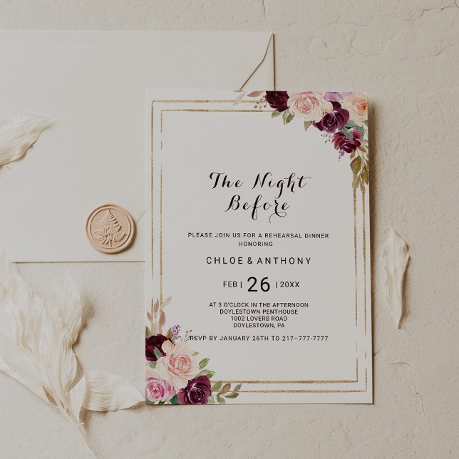 Gold Geometric Burgundy Floral The Night Before Invitation (Creator Uploaded)