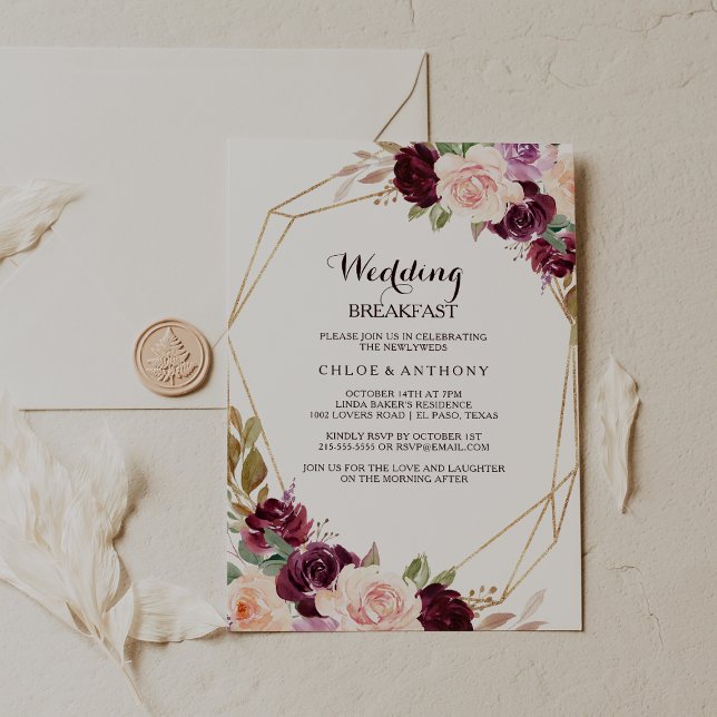 Gold Geometric Burgundy Floral Wedding Breakfast Invitation (Creator Uploaded)