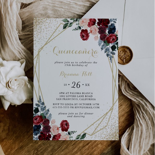 Gold Geometric Burgundy Navy Floral Quinceañera Invitation (Creator Uploaded)