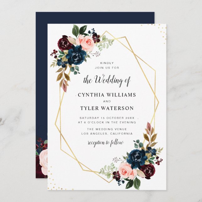 gold geometric burgundy & navy floral wedding invitation (Front/Back)