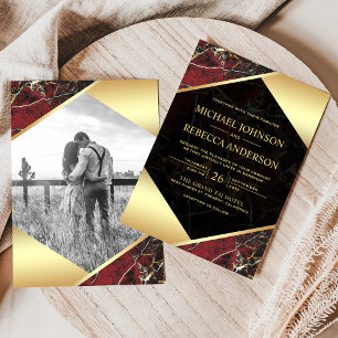 Gold Geometric Burgundy Red Marble Photo Wedding Invitation