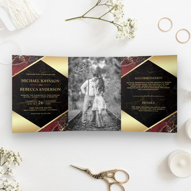 Gold Geometric Burgundy Red Marble Photo Wedding Tri-Fold Invitation (Creator Uploaded)