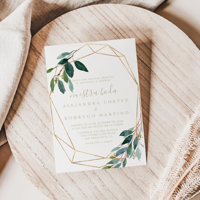Gold Geometric Chic Eucalyptus Nuestra Boda Invitation (Creator Uploaded)