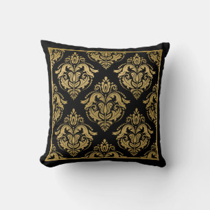 Gold Geometric Damask Frame On Black Throw Pillow