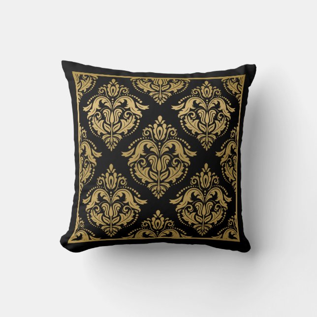 Gold Geometric Damask Frame On Black Throw Pillow (Front)