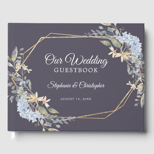 Gold Geometric Dusty Blue Florals Wedding Guest Book (Front)